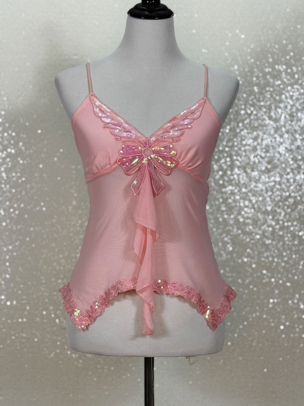 Y2K Pink Sheer Mesh Camisole Top Sequin Bow Lace Trim Fairycore Babydoll - Picture 3 of 12